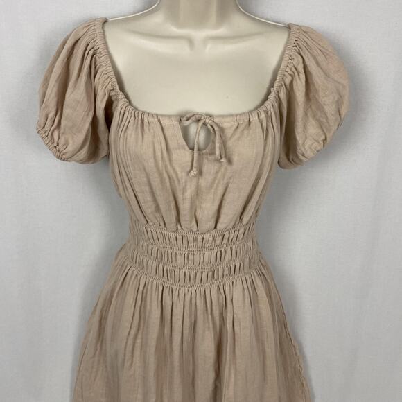 Vtg Poof Dress Womens Large Beige Tan Smocked Gauzy Milkmaid Peasant Babydoll - Picture 3 of 13